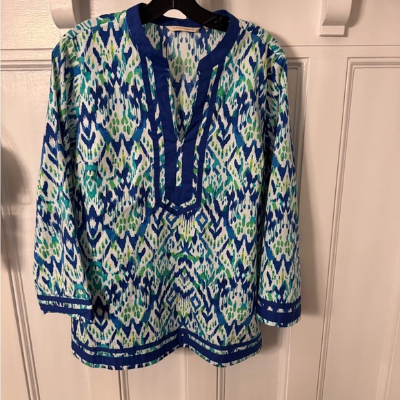 Soft Surroundings “Kirti Ikat”Women’s Top Blouse Sz L Blue & Green 3/4 Sleeves - Picture 2 of 12